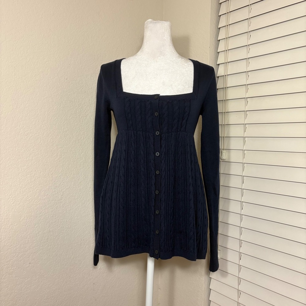 Hollister Navy Blue Cable Knit Babydoll Top Square Neck Long Sleeve Top
